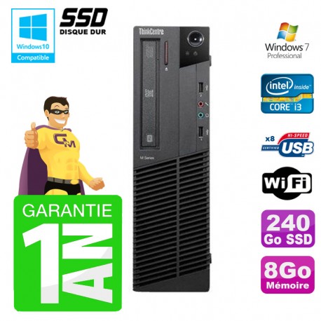 PC Lenovo M91p SFF Intel I3-2120 8Go Disque 240Go SSD Graveur Wifi W7