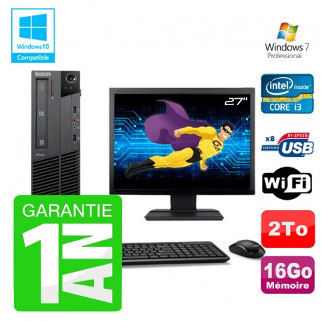 PC Lenovo M91p SFF Intel I3-2120 16Go Disque 2To Graveur Wifi W7 Ecran 27"