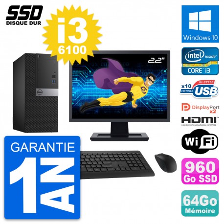 PC Tour Dell 7040 Ecran 22" Core i3-6100 RAM 64Go SSD 960Go HDMI Windows 10 Wifi