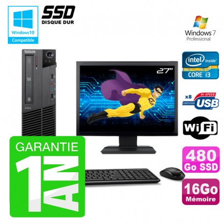 PC Lenovo M91p SFF Intel I3-2120 16Go Disque 480Go SSD Graveur Wifi W7 Ecran 27"