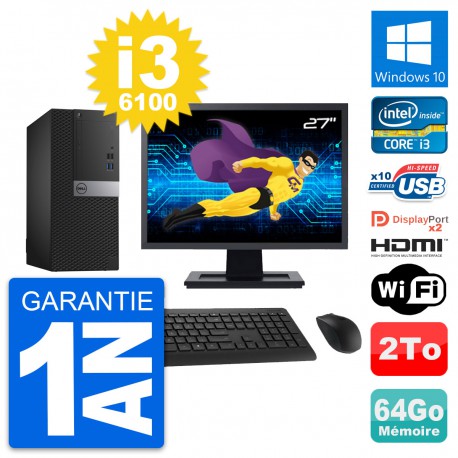 PC Tour Dell 7040 Ecran 27" i3-6100 RAM 64Go Disque 2To HDMI Windows 10 Wifi