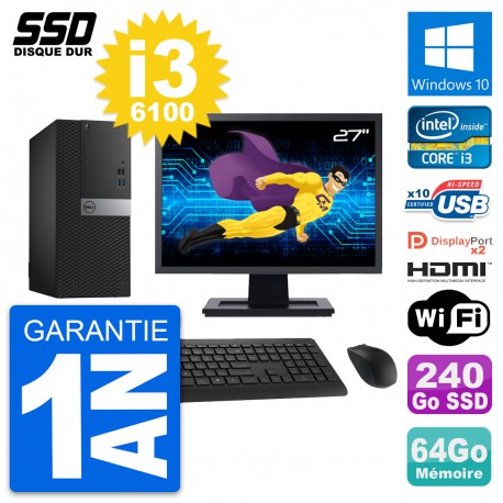 PC Tour Dell 7040 Ecran 27" Core i3-6100 RAM 64Go SSD 240Go HDMI Windows 10 Wifi