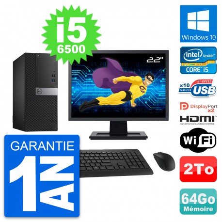 PC Tour Dell 7040 Ecran 22" i5-6500 RAM 64Go Disque 2To HDMI Windows 10 Wifi