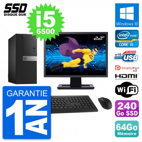 PC Tour Dell 7040 Ecran 22" Core i5-6500 RAM 64Go SSD 240Go HDMI Windows 10 Wifi
