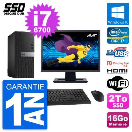 PC Tour Dell 7040 Ecran 22" Intel i7-6700 RAM 16Go SSD 2To HDMI Windows 10 Wifi