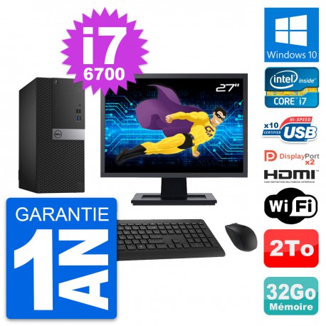 PC Tour Dell 7040 Ecran 27" i7-6700 RAM 32Go Disque 2To HDMI Windows 10 Wifi