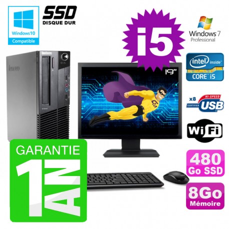 PC Lenovo M91p SFF Intel I5-2400 8Go Disque 480Go SSD Graveur Wifi W7 Ecran 19"