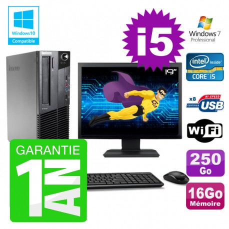 PC Lenovo M91p SFF Intel I5-2400 16Go Disque 250Go Graveur Wifi W7 Ecran 19"