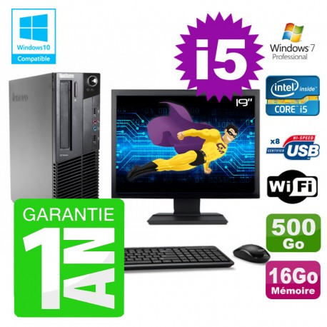 PC Lenovo M91p SFF Intel I5-2400 16Go Disque 500Go Graveur Wifi W7 Ecran 19"