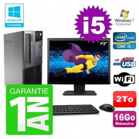 PC Lenovo M91p SFF Intel I5-2400 16Go Disque 2To Graveur Wifi W7 Ecran 19"