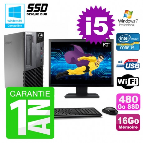 PC Lenovo M91p SFF Intel I5-2400 16Go Disque 480Go SSD Graveur Wifi W7 Ecran 19"