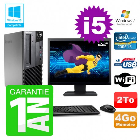 PC Lenovo M91p SFF Intel I5-2400 4Go Disque 2To Graveur Wifi W7 Ecran 22"