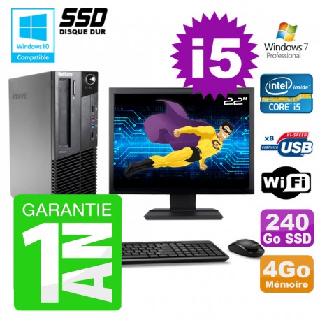 PC Lenovo M91p SFF Intel I5-2400 4Go Disque 240Go SSD Graveur Wifi W7 Ecran 22"