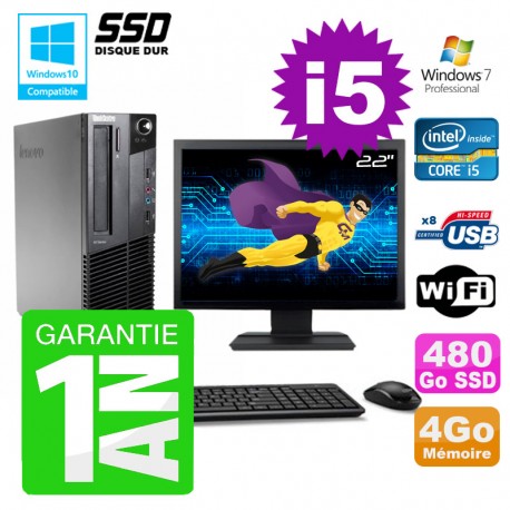 PC Lenovo M91p SFF Intel I5-2400 4Go Disque 480Go SSD Graveur Wifi W7 Ecran 22"