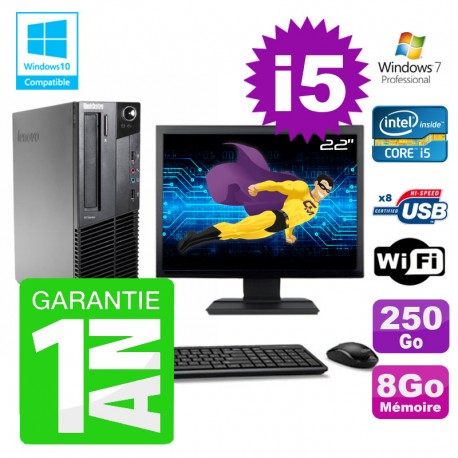 PC Lenovo M91p SFF Intel I5-2400 8Go Disque 250Go Graveur Wifi W7 Ecran 22"