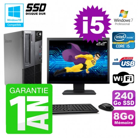 PC Lenovo M91p SFF Intel I5-2400 8Go Disque 240Go SSD Graveur Wifi W7 Ecran 22"