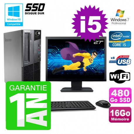 PC Lenovo M91p SFF Intel I5-2400 16Go Disque 480Go SSD Graveur Wifi W7 Ecran 27"