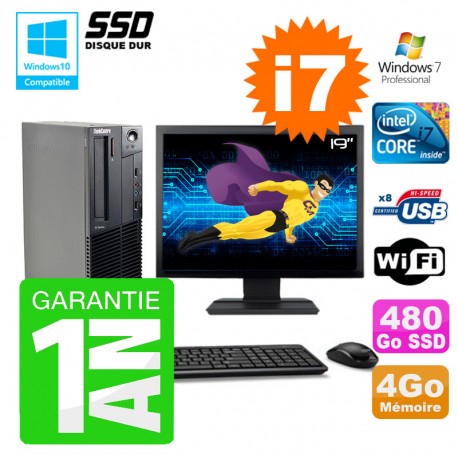 PC Lenovo M91p SFF Intel I7-2600 4Go Disque 480Go SSD Graveur Wifi W7 Ecran 19"