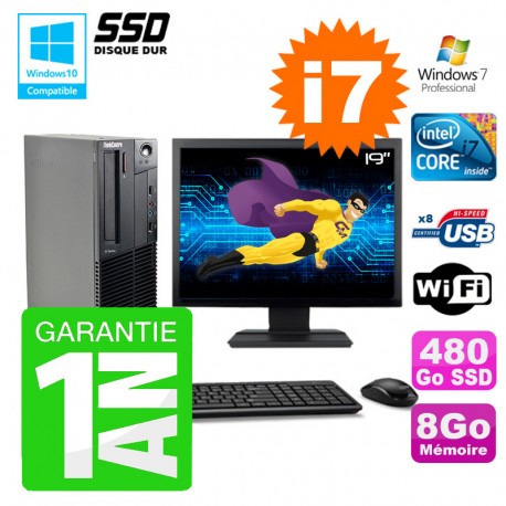 PC Lenovo M91p SFF Intel I7-2600 8Go Disque 480Go SSD Graveur Wifi W7 Ecran 19"