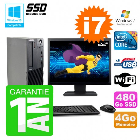 PC Lenovo M91p SFF Intel I7-2600 4Go Disque 480Go SSD Graveur Wifi W7 Ecran 22"