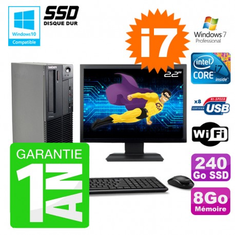 PC Lenovo M91p SFF Intel I7-2600 8Go Disque 240Go SSD Graveur Wifi W7 Ecran 22"