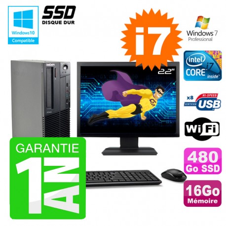 PC Lenovo M91p SFF Intel I7-2600 16Go Disque 480Go SSD Graveur Wifi W7 Ecran 22"