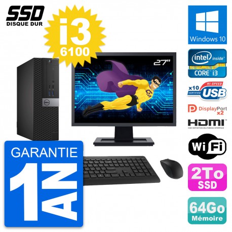 PC Dell 7040 SFF Ecran 27" Intel i3-6100 RAM 64Go SSD 2To HDMI Windows 10 Wifi