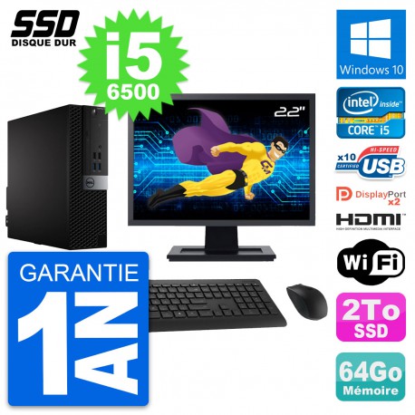 PC Dell 7040 SFF Ecran 22" Intel i5-6500 RAM 64Go SSD 2To HDMI Windows 10 Wifi