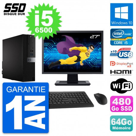 PC Dell 7040 SFF Ecran 27" Core i5-6500 RAM 64Go SSD 480Go HDMI Windows 10 Wifi