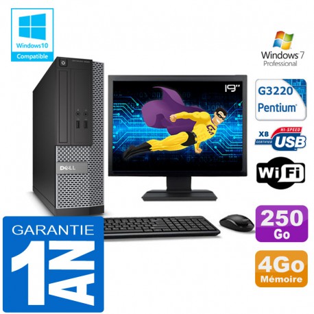 PC DELL 3020 SFF Intel G3220 Ram 4Go Disque 250 Go Wifi W7 Ecran 19"