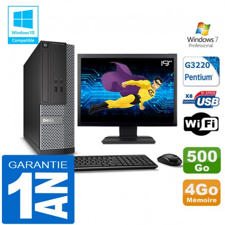 PC DELL 3020 SFF Intel G3220 Ram 4Go Disque 500 Go Wifi W7 Ecran 19"