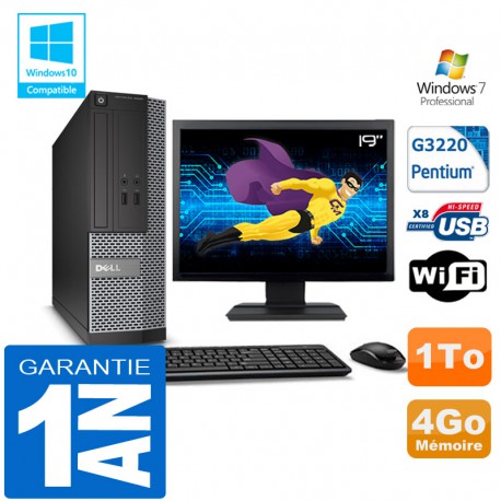 PC DELL 3020 SFF Intel G3220 Ram 4Go Disque 1 To Wifi W7 Ecran 19"