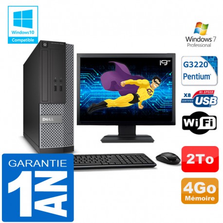 PC DELL 3020 SFF Intel G3220 Ram 4Go Disque 2 To Wifi W7 Ecran 19"