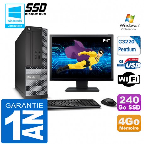 PC DELL 3020 SFF Intel G3220 Ram 4Go Disque 240 Go SSD Wifi W7 Ecran 19"