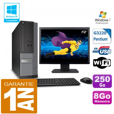 PC DELL 3020 SFF Intel G3220 Ram 8Go Disque 250 Go Wifi W7 Ecran 19"