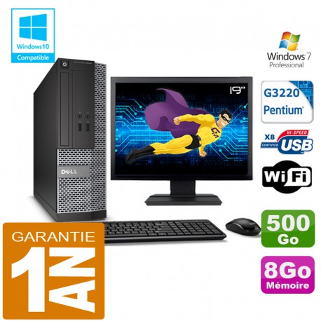 PC DELL 3020 SFF Intel G3220 Ram 8Go Disque 500 Go Wifi W7 Ecran 19"