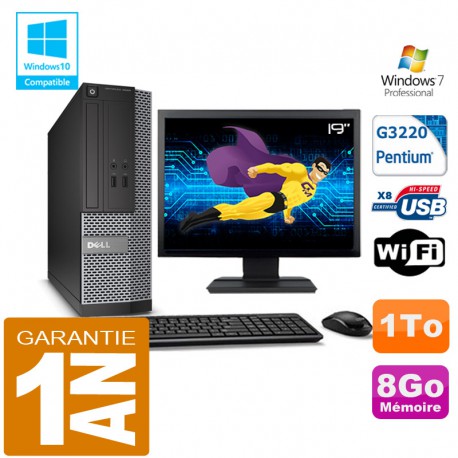 PC DELL 3020 SFF Intel G3220 Ram 8Go Disque 1 To Wifi W7 Ecran 19"