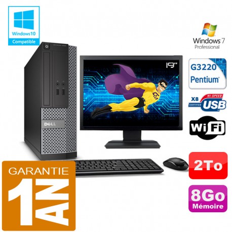 PC DELL 3020 SFF Intel G3220 Ram 8Go Disque 2 To Wifi W7 Ecran 19"