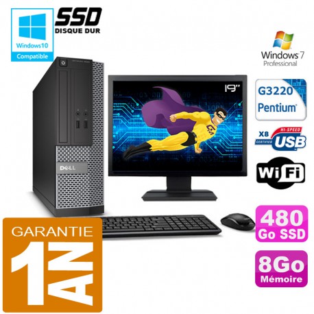 PC DELL 3020 SFF Intel G3220 Ram 8Go Disque 480 Go SSD Wifi W7 Ecran 19"