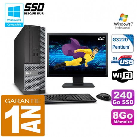 PC DELL 3020 SFF Intel G3220 Ram 8Go Disque 240 Go SSD Wifi W7 Ecran 22"