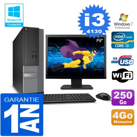 PC DELL 3020 SFF Core I3-4130 Ram 4Go Disque 250 Go Wifi W7 Ecran 19"