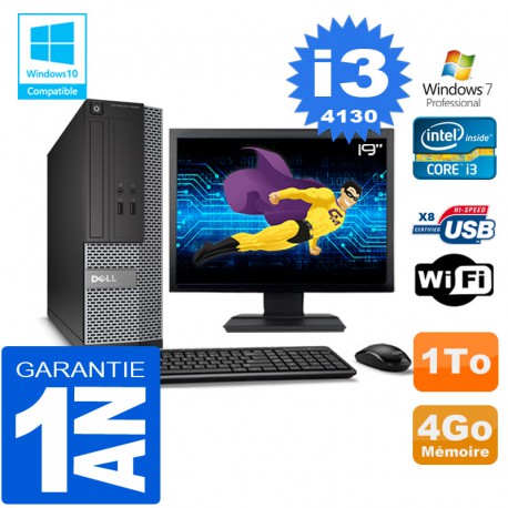 PC DELL 3020 SFF Core I3-4130 Ram 4Go Disque 1 To Wifi W7 Ecran 19"