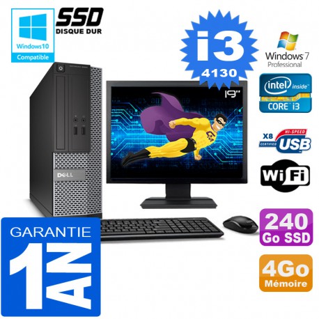 PC DELL 3020 SFF Core I3-4130 Ram 4Go Disque 240 Go SSD Wifi W7 Ecran 19"