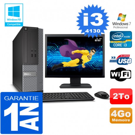 PC DELL 3020 SFF Core I3-4130 Ram 4Go Disque 2 To Wifi W7 Ecran 22"