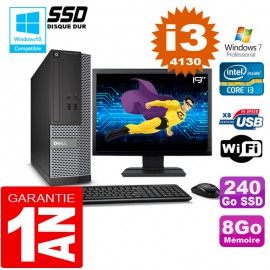 PC DELL 3020 SFF Core I3-4130 Ram 8Go Disque 240 Go SSD Wifi W7 Ecran 19"