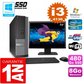 PC DELL 3020 SFF Core I3-4130 Ram 8Go Disque 480 Go SSD Wifi W7 Ecran 19"