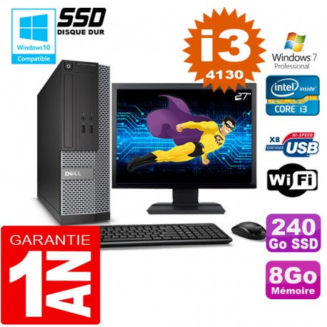 PC DELL 3020 SFF Core I3-4130 Ram 8Go Disque 240 Go SSD Wifi W7 Ecran 27"