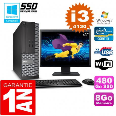 PC DELL 3020 SFF Core I3-4130 Ram 8Go Disque 480 Go SSD Wifi W7 Ecran 27"