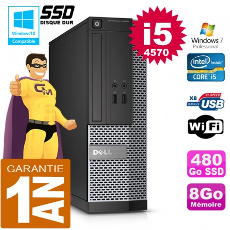 PC DELL 3020 SFF Core I5-4570 Ram 8Go Disque 480 Go SSD Graveur DVD Wifi W7