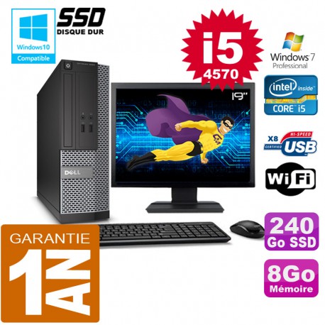 PC DELL 3020 SFF Core I5-4570 Ram 8Go Disque 240 Go SSD Wifi W7 Ecran 19"